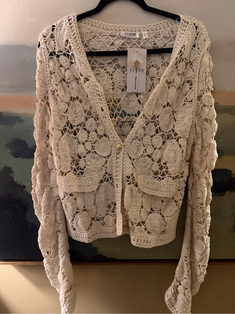 Crochet Circle-Pattern Cream Cardigan